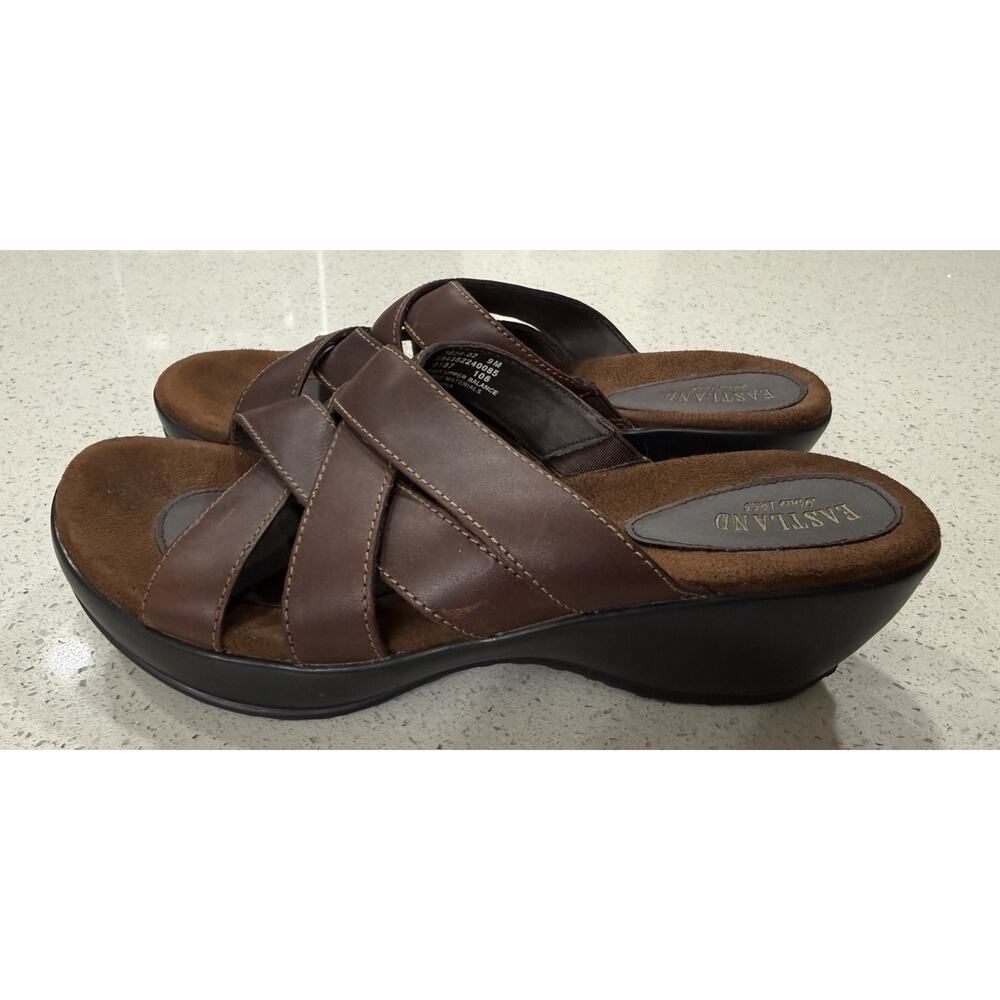 Eastland Poppy Slide Sandals Women's Size 9M Brown Leather Upper Wedge Strappy - Picture 2 of 12